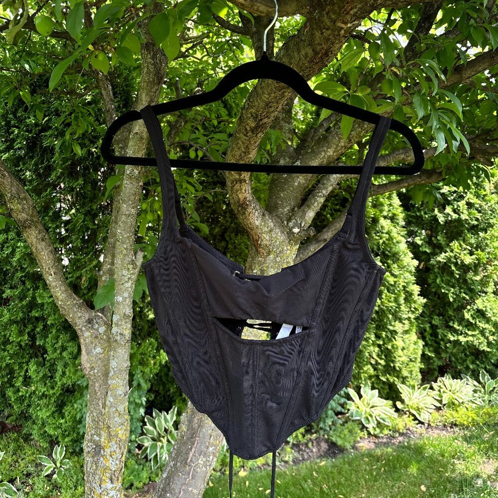 Black Mesh Lace-Up Corset Bustier Top – Edgy Cropped Style